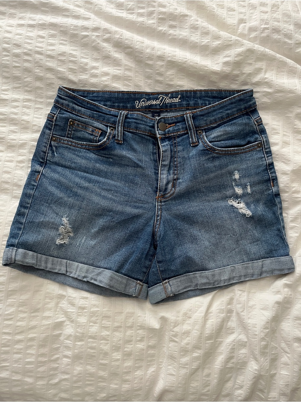 Universal Thread Blue Rolled-Cuff Distressed Denim Shorts Mid Rise Boyfriend